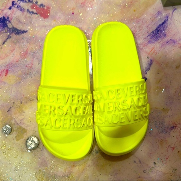 Versace Kids Neon Yellow Slide Sandals - Picture 1 of 5